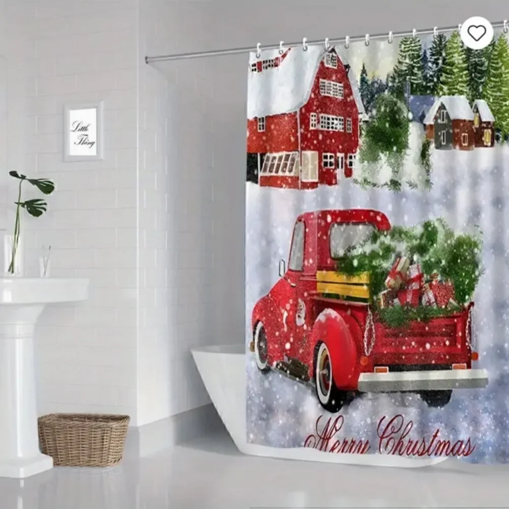 NEW! Christmas Vintage Red Truck Fabric Shower Curtain and Hooks Set Holidays